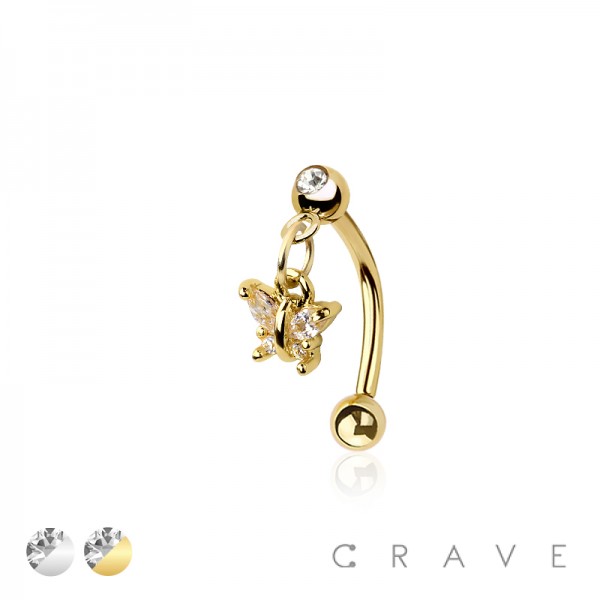 BUTTERFLY DANGLE CZ ROUND 316L SURGICAL STEEL CURVED BARBELL/EYEBROW